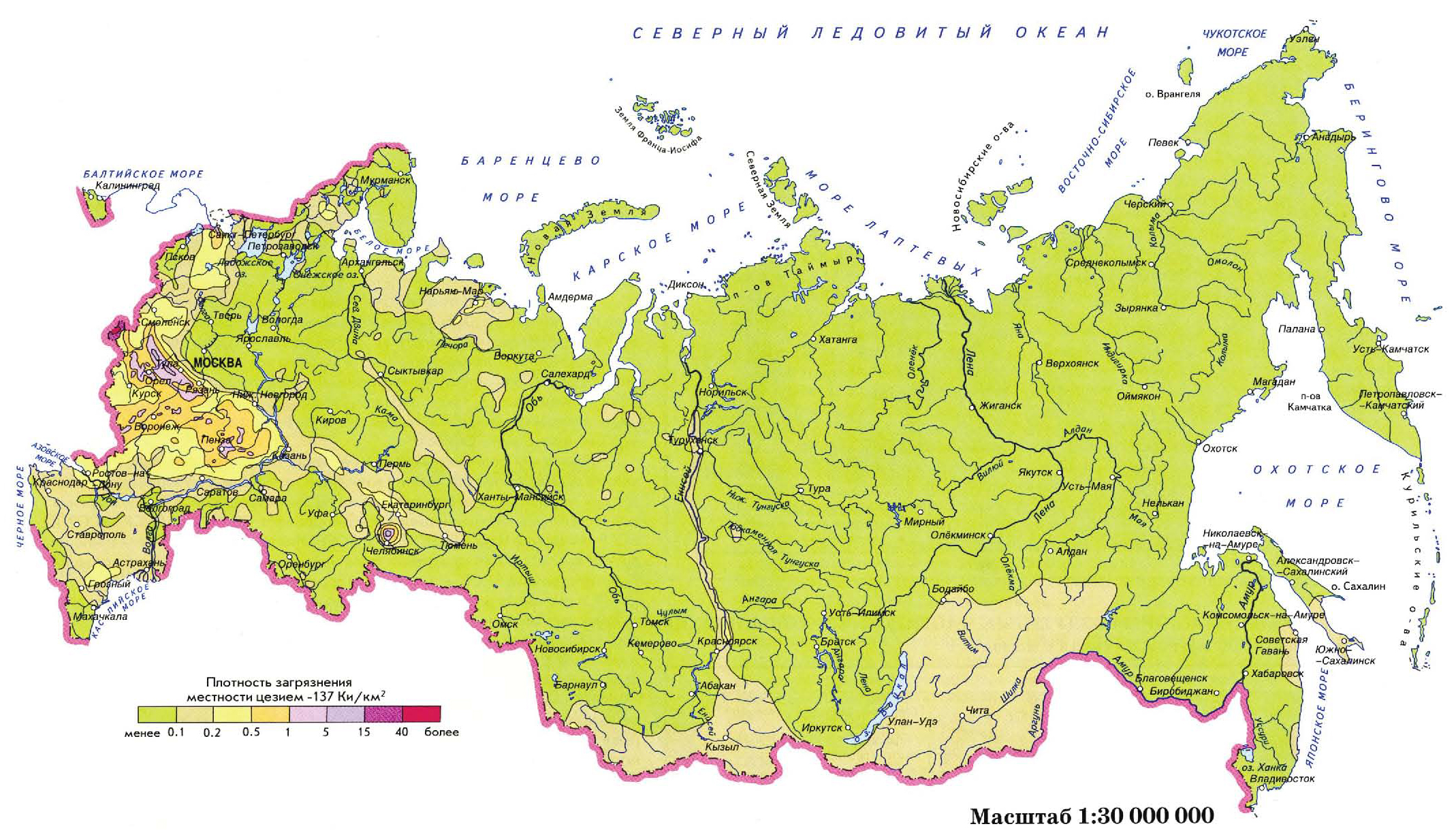 Карта загрязнения радионуклидом <sup>137</sup>Cs территории России в пересчёте на 1986 г. (Национальный..., 2007)
